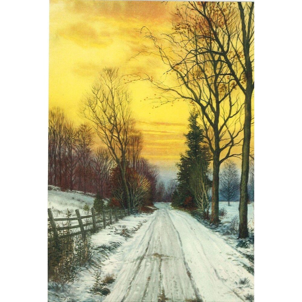 Vintage Calendar Print “Snowy Road” at Sunset 6x8